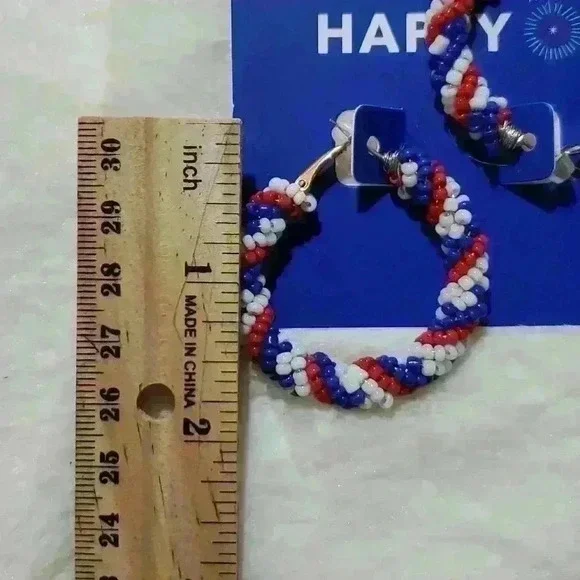 Beaded Patriotic Red White and Blue Hoop Earrings - Picture 2 of 2
